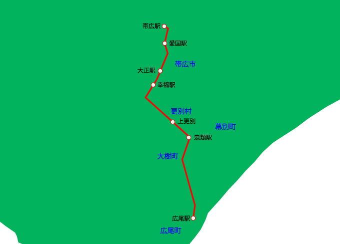 旧広尾線、旧広尾線詳細図（北海道帯広市～広尾町）