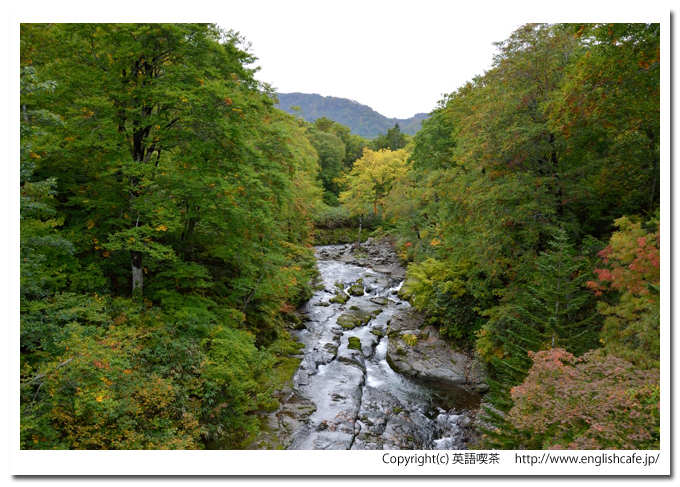 賀老高原と昇竜の橋、昇龍の橋とその下を流れる千走川の奥の方へ（北海道島牧村）