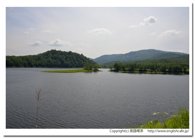 温根別ダム、撮影する角度を変えて、満ちた水と小島のように浮かぶ様子（北海道士別市温根別町）