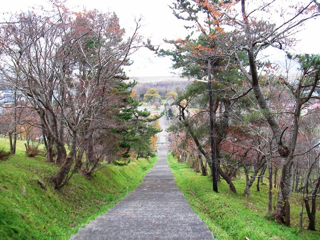 玉川公園のと玉川神社の階段の中腹から下を見る（北海道久遠郡せたな町）