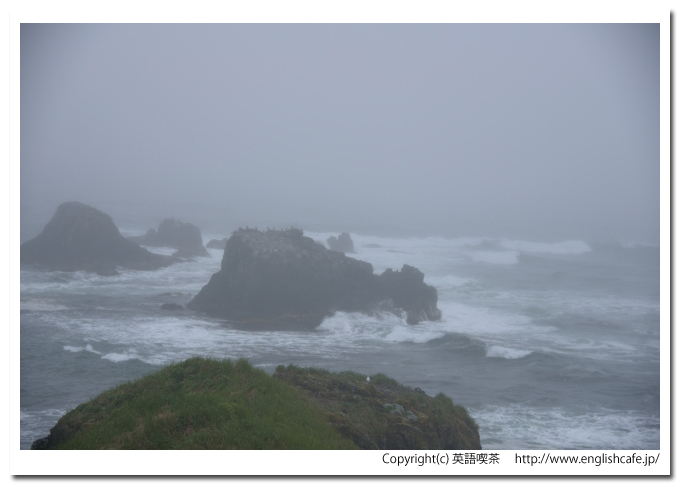 湯沸岬灯台、湯沸岬の岩礁と白波（北海道厚岸郡浜中町）